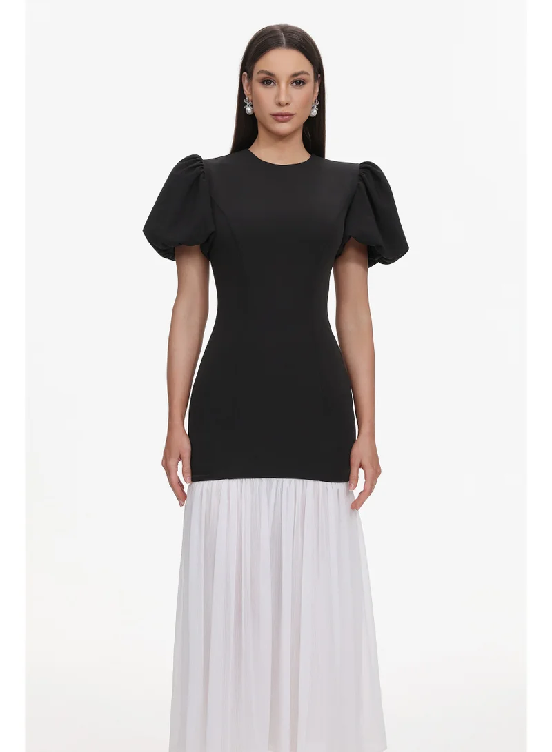 Bella Barnett  Spiral Classic Tailored Puff Sleeve Pleated Contrast Maxi Dress for Women | Best Price UAE